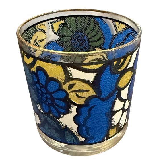 Vintage 1960s CCC Hazel Atlas Blue Yellow Floral Faux Stained Glass Set of 5 - Picture 14 of 16